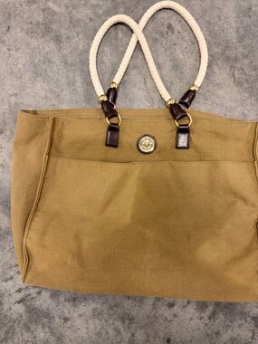 Canvas Shoulder Tote in Tan with Cream Rope Handles